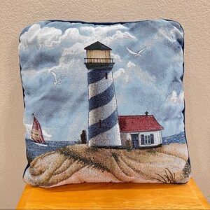 Lighthouse Sailboat Tapestry Throw Pillow Seagulls Nautical Square 15” 2 sided